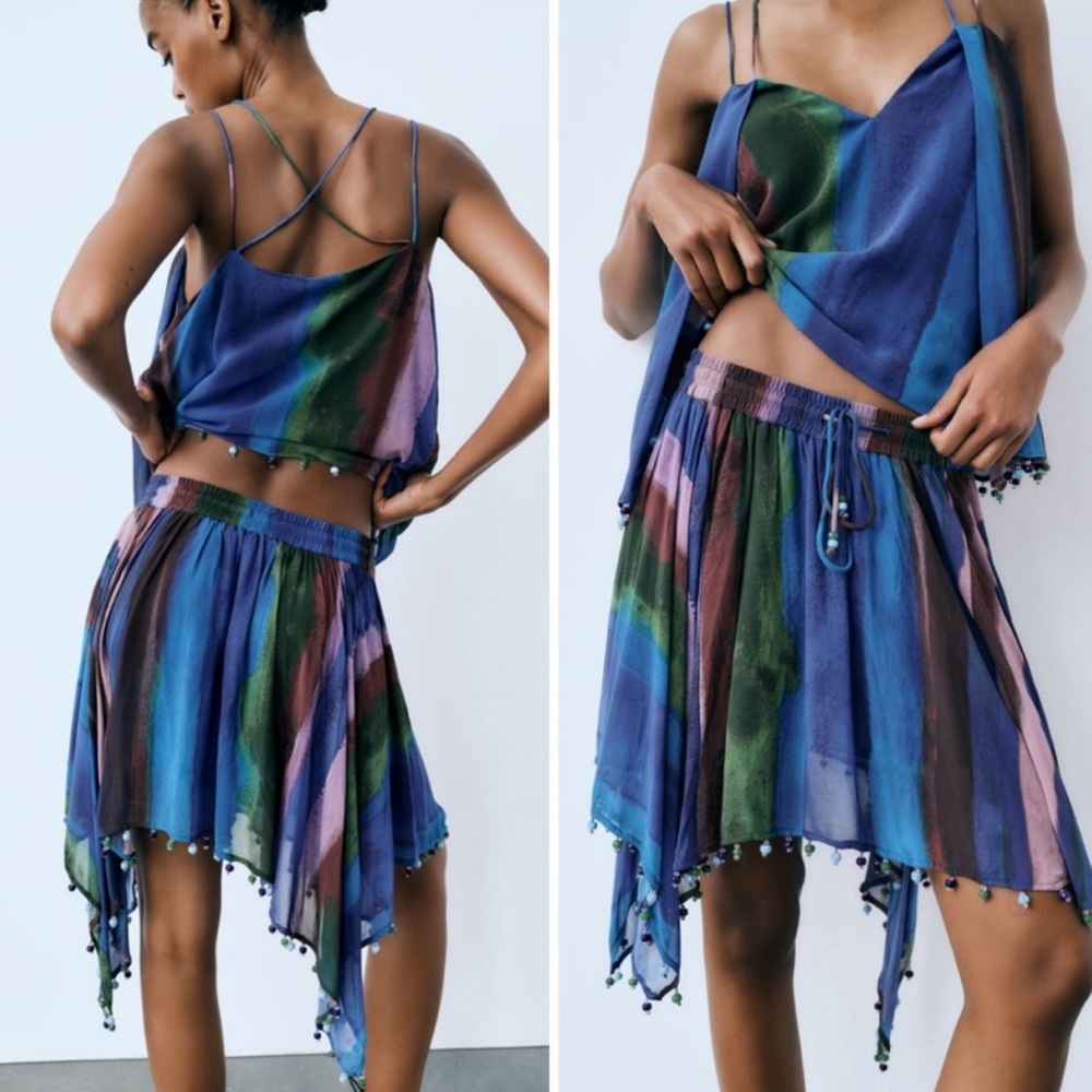 NEW| ZARA Handkerchief Boho Gypsy Beaded Hem Mini Skirt - Picture 4 of 9
